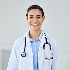 Image showing Smile doctor, surgeon and medical therapist working in hospital or clinic for medical insurance, wellness and medicine. Portrait of happy woman, healthcare expert and professional cardiology worker