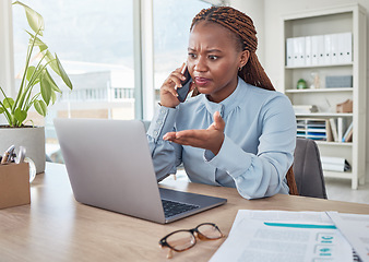 Image showing Angry, phone and stressed black woman on a business call about tax, audit and compliance email on laptop at office desk. Employee working mad, internet and tech glitch on the website of the company