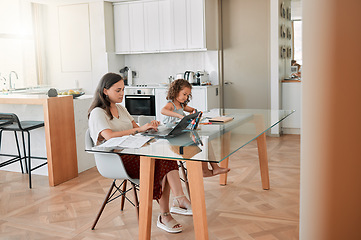 Image showing Entrepreneur or small business owner working on laptop while daughter doing drawing at home. Startup worker typing, reading and send email on computer while working online and girl playing alone