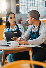 Image showing Startup, finance and coffee, cafe or small business owners at table with paperwork. Couple working on financial report and budget for restaurant. Accounting, fintech and monthly business loan payment