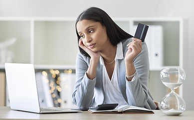 Image showing Debt, bad credit card declined and stress about money, cash and finance from inflation, poor economy and online banking risk. Broke, sad business woman and insufficient fund for tax, budget and audit