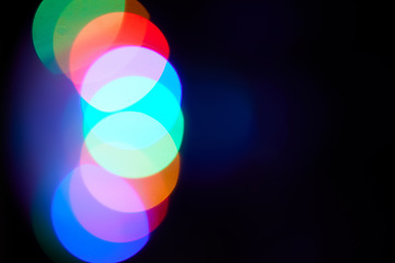 Image showing Abstract, light and background of a colorful pattern with black space for marketing text, message or brand. Circle color gradient mixture wallpaper of blurry overlay lights for advertising, mockup.