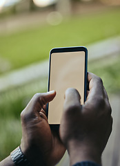 Image showing Digital phone and mockup space for screen looking at social media, internet or web content. Hands typing on a mock up display using mobile apps, 5g internet and online communication technology