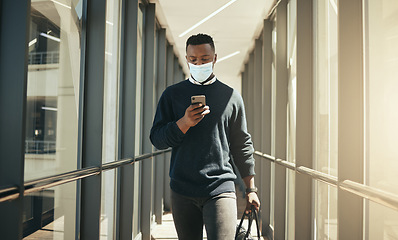 Image showing Business, plane and covid job travel of a businessman on his phone about to board a airplane flight. Corporate professional text about work walking and working in a airport on a international trip