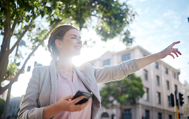 Image showing Business woman booking taxi, uber or cab for transport, travel and commute to work destination. Happy, smile and young entrepreneur with motivation taking a trip in city street, town road or sidewalk