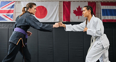 Image showing Women, martial arts and karate at a dojo for workout, exercise or health or aikido and fitness. Taekwondo, fighting and sports training people at the gym for a fight or international competition.