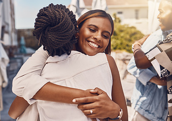 Image showing Girl friend, friends and happy hug of women with a smile hugging with happiness and love. Young female adult friendship of university students showing trust, care and unity together smiling outdoors