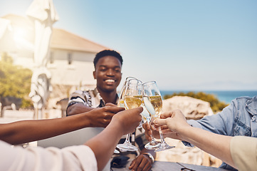 Image showing Celebration, alcohol and friends toast with wine at an outdoor restaurant, happy and having fun. Young diverse people gathering to celebrate freedom, birthday, friendship or good news with cheers