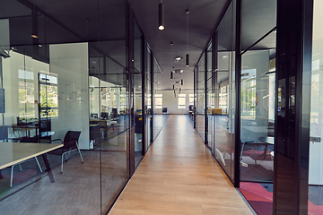 Image showing In a setting of modern, glass-walled business startup offices, the open, airy workspace reflects a contemporary and innovative ambiance, promising a dynamic environment for entrepreneurial growth