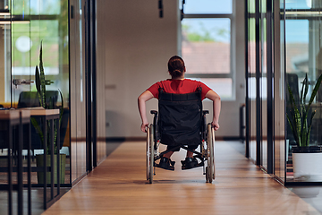 Image showing A modern young businesswoman in a wheelchair is surrounded by an inclusive workspace with glass-walled offices, embodying determination and innovation in the business world