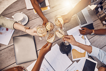 Image showing Digital business, champagne celebration or success from above tablet with creative and diversity startup men and women. Toast, party and fun event with bonding people, motivation friends with fun