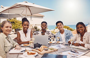 Image showing Collaboration, food and meeting with a team eating and working at a restaurant for a client lunch. Teamwork, solidarity and diversity with a group of colleagues discussing and planning for growth