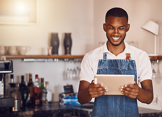 Image showing Management, planning and stock with happy restaurant manager checking inventory on digital tablet. Proud employee feeling successful while doing online task, reading, using app to target budget cuts