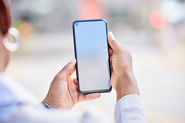 Image showing Phone, mock up screen and blank website for communication, advertising and social media marketing with woman browsing, texting or using mobile app. Closeup hands of woman showing contact us webpage