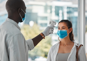 Image showing Covid regulations, fever check and mask protection for public safety. Virus monitor for people with health risk and potential illness. Omicron and coronavirus medical security with thermometer.