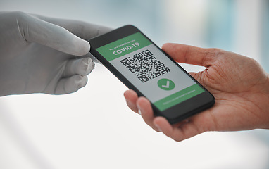 Image showing Covid passport, QR code and travel restrictions with a phone in the hands of people waiting in airport. Healthcare, safety and control during the global and international corona virus pandemic