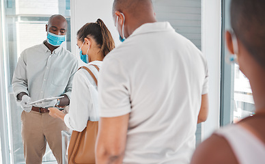 Image showing Covid, digital passport and traveling while checking in at airport to travel during pandemic with face masks. Travelers or staff in line to show vaccine certificate to airline attendant or security