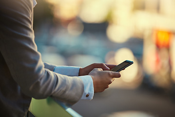 Image showing Businessman hands typing on phone outdoors in communication, reading and texting online in urban city bokeh. Man with smartphone or digital mobile device on social media app or internet website
