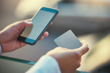 Image showing Credit card, finance and mobile banking with a person online shopping, banking or investment. Phone, payment and ecommerce or hands buying stocks, trading on stock market or working on digital tech.