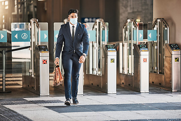 Image showing Travel business man during covid arriving in urban city at bus, train or airport terminal. Corporate businessman, employee or worker with suitcase walking in the street to hotel or meeting with mask