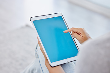 Image showing Social media, online shopping and surfing the internet, woman on a tablet in hand. Ecommerce, working or payment online, work online. Communication in ux app, digital technology and browsing the web.