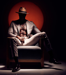 Image showing Silhouette man, fitness or fashion on studio black, red background light with body skin, strong stomach or abs muscles. Powerful, creative or classy art of healthy model in suit clothes in dark room