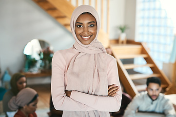 Image showing Muslim, arab and islamic woman in hijab headscarf enjoying eid, ramadan or holiday with family while celebrating religion, holy culture and islam faith. Portrait of a happy, smiling and modest female