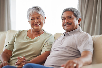 Image showing Love, smile and senior couple on living room interior sofa relax and lounge together at home portrait. Face of happy people, man and woman smile while living retirement lifestyle at family house