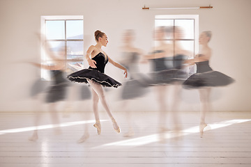 Image showing Ballet, dance student and movement of dancing woman in practice, training and performance in studio with CGI special effects. Ballerina art dancer moving with grace and passion across the floor