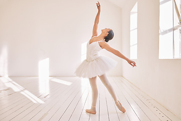 Image showing Ballet dance, student and training on studio floor, gym or theater for competition, exercise or recital. Ballerina dancer, creative and fitness workout performance or love for art at school academy.