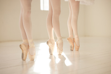 Image showing Ballet, dance and toe shoes with a dancer, ballerina and performance artist in a studio for training, practice and rehearsal. En pointe, technique and skill with artistic dancing and movement