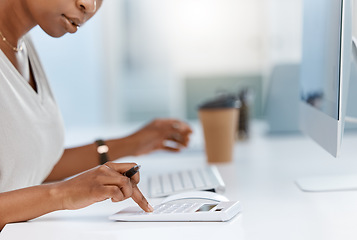 Image showing Accounting, finance and calculator with an accountant, financial manager or investment banker working in her office. Money, management and growth in the economy with a broker planning for the future