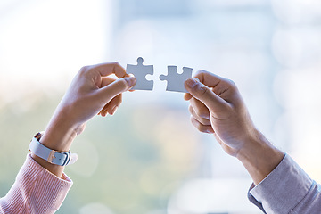 Image showing Puzzle, collaboration and teamwork between business people hands after business meeting for partnership, contract or merger. Vision, Innovation and corporate success after team work b2b strategy deal