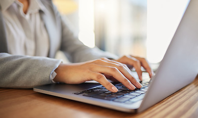 Image showing Laptop, email and worker typing for marketing, advertising or documents planning in corporate office. Keyboard, project management and company business employee with administration review