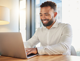 Image showing Happy business manager on laptop typing an email announcement for success or project management strategy online in office. Corporate professional smile for new website design at company startup