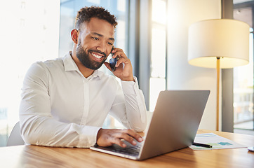 Image showing Management, planning and networking phone call by happy business man. Talking to client while working on a laptop in corporate office. Professional worker checking an online calendar for appointment