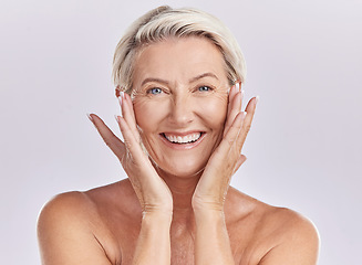 Image showing Portrait of a woman happy face smile with healthy skincare while posing in a studio against purple mockup studio background. Elderly woman doing her wellness skin cosmetic treatment routine