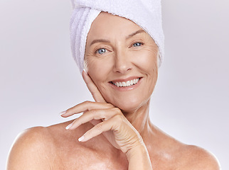 Image showing Woman with beauty, skincare and makeup or anti aging face cosmetics routine portrait. Happy and senior lady using natural spa facial product for wrinkles, health and wellness