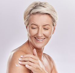 Image showing Skincare cream, naked and senior woman mockup studio background. Self care, anti ageing and beauty wellness for healthy body. Mature lady happy with glowing skin pamper application routine.