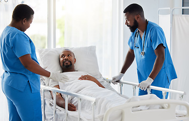 Image showing Doctor, nurse and healthcare team consulting man patient before a health check or surgery. Hospital or medical clinic help consulting about medicare insurance, cardiology advice and medicine pills