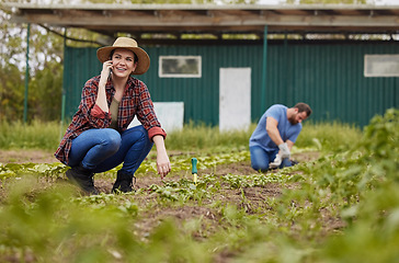 Image showing Agriculture, nature and sustainability farmer on phone call, working on farm with husband. Happy female talking to client about selling organic produce. Excited, success start of small green business