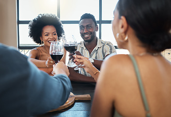 Image showing Friends, wine and food of couples having dinner together or double date, drinking wine at a restaurant. Romantic group at a restaurant having fun and enjoying a lunch in celebration for their love.