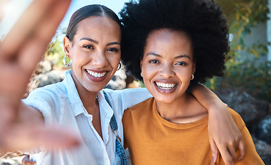 Image showing Face of friends taking selfie, happy in nature park and hugging with smile outside in summer together. Sisters taking photo, people making memories and portrait of family in a green garden