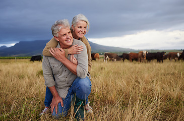 Image showing Senior farmer couple working on cow farm in countryside for meat, beef and cattle food industry on sustainability field, agriculture environment and nature land. Happy elderly people farming animals