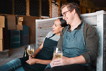 Image showing Laughing friends, wine tasting and couple with happy smile bonding on countryside farm with drink glass. Interracial man, woman or industry worker people in environment vineyard restaurant distillery