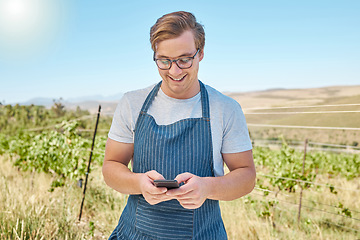Image showing Phone, farm and wine with a farmer or winemaker gets good news online in vineyard. Sustainability, development and ecommerce in farming. Leader in alcohol, agriculture and manufacturing industry