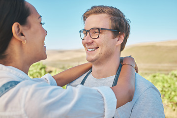 Image showing Happy, couple love and smile on farm man and woman loving and bond together on wine field and agriculture. Interracial, green and vineyard male and female travel to holiday vacation trip in summer