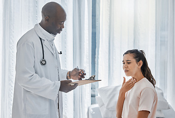 Image showing Doctor, healthcare worker and medical professional consulting with sick patient at hospital, talking to person about thyroid diagnosis and giving advice at clinic. Woman getting medicine for flu