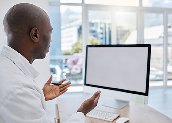 Image showing Healthcare consulting, medical video call and computer virtual help for telehealth medicine test from doctor. Marketing technology mockup, internet website and computer research online in surgery