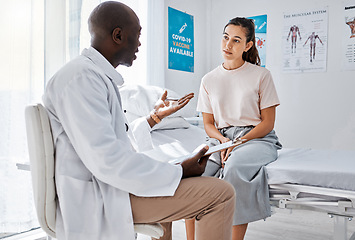 Image showing Doctor consulting patient for covid vaccine, wellness check and medical test results in clinic surgery. Healthcare worker and hospital staff in discussion about medicine service and healthy feedback